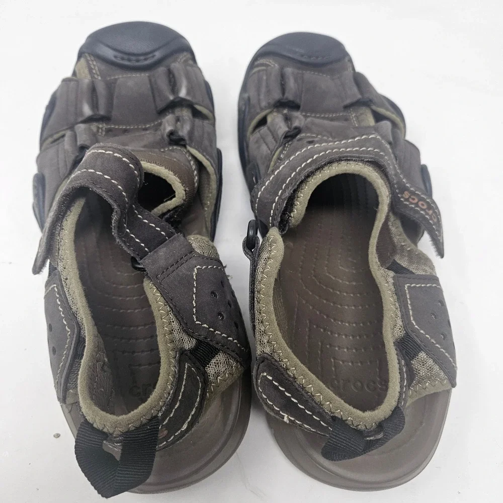 Crocs Swiftwater Leather Fisherman Sandals Mens 12 Brown Black Hiking 202114